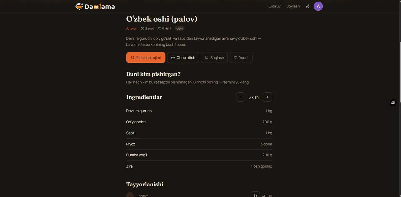 Qayta hisoblanadigan ingredientlar va qadamlar bilan retsept sahifasi