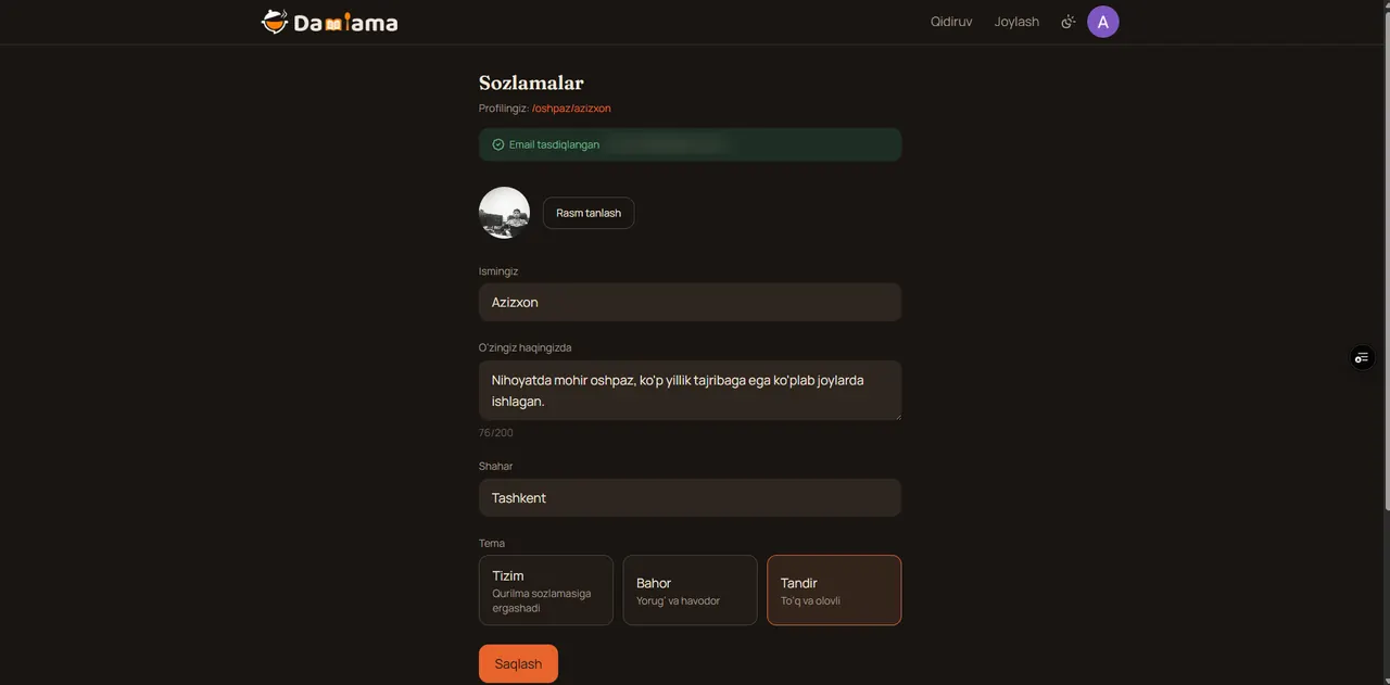 Oʻzi haqida matn va tema tanlovi bilan profil sozlamalari