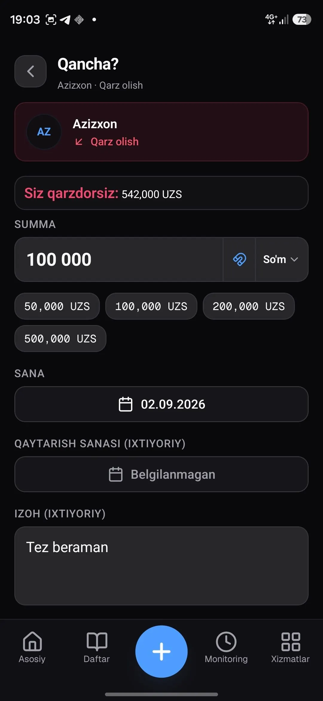 Qarzni yozish: summa, valyuta, sana va izoh