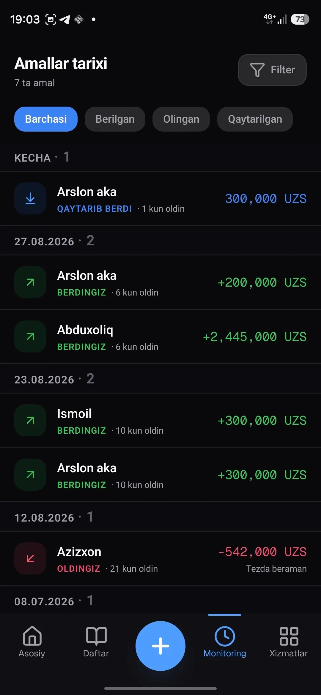 Filtrlanadigan barcha amallar tarixi