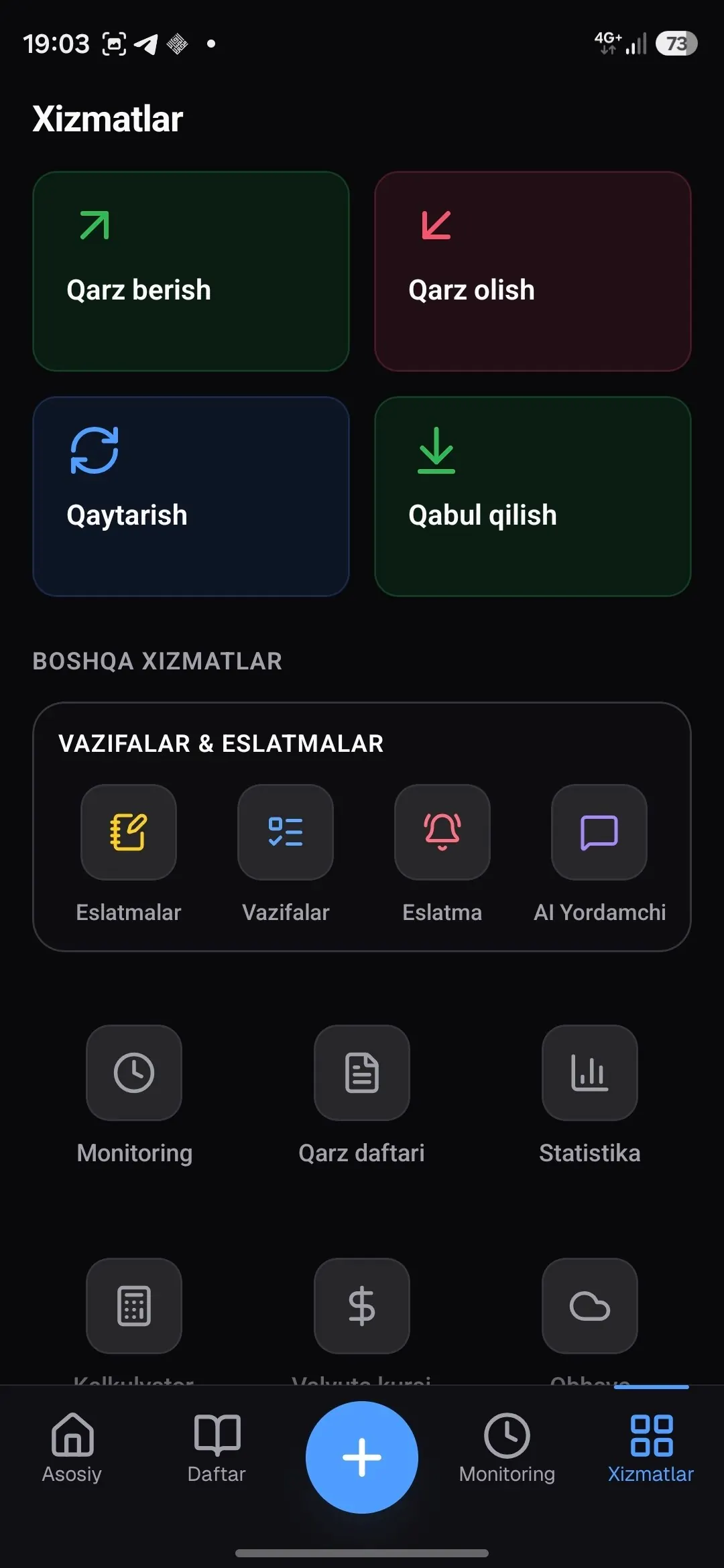 Xizmatlar: eslatmalar, vazifalar, daftar, kalkulyator va kurslar