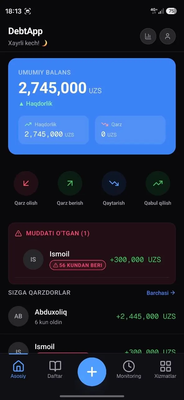 Balans va qarzdorlarni koʻrsatuvchi Android bosh ekrani