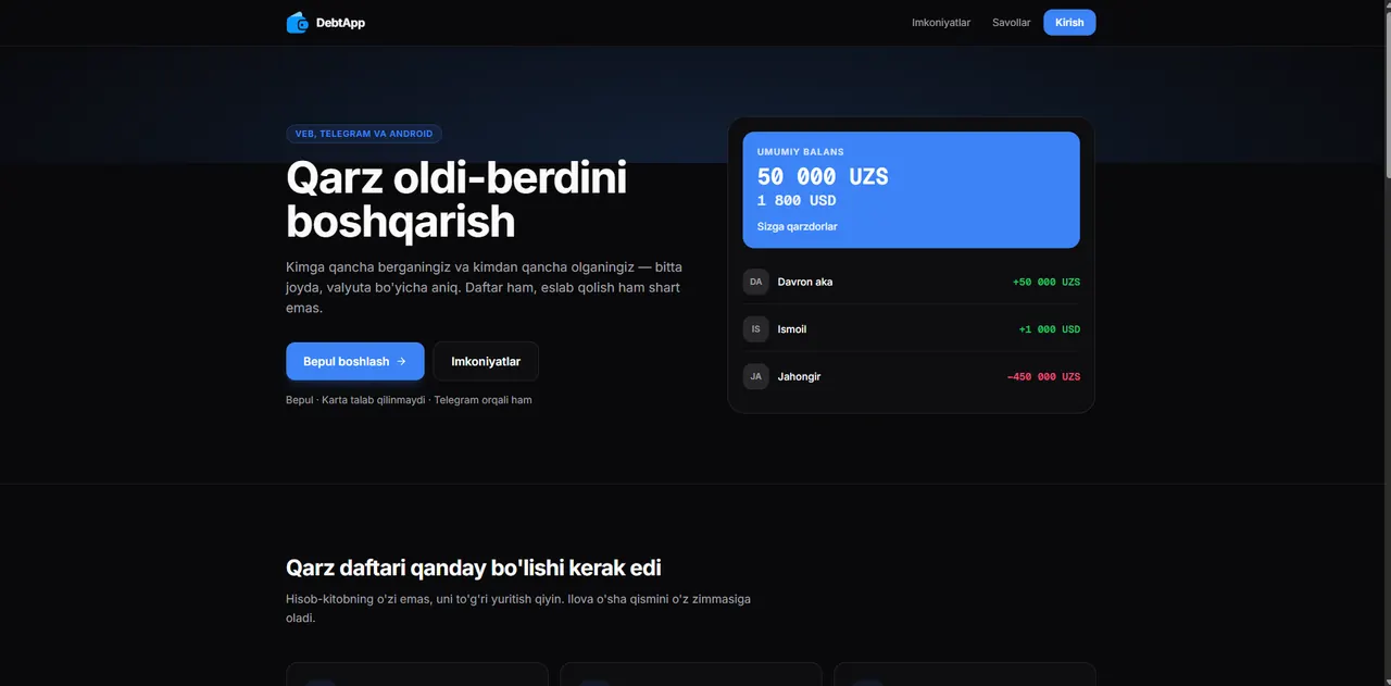 DebtApp bosh sahifasi — balans kartasi va qarzdorlar roʻyxati