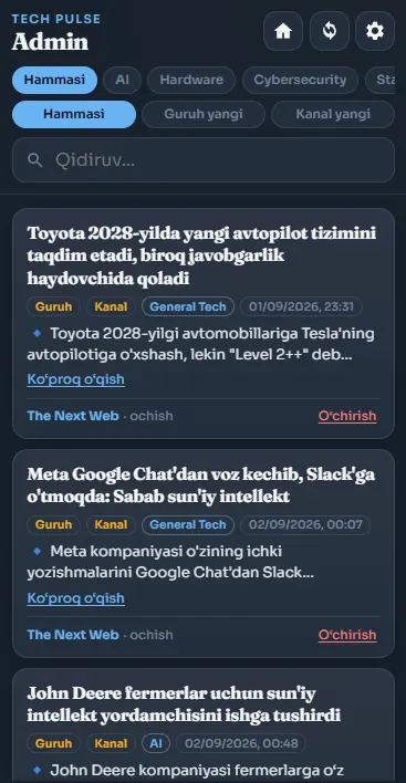 Maqolalarni moderatsiya qilish uchun Tech Pulse admin paneli