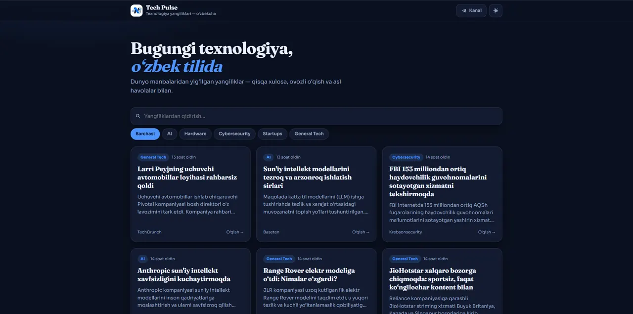 Tech Pulse bosh sahifasi — oʻzbek tilidagi texnologiya yangiliklari