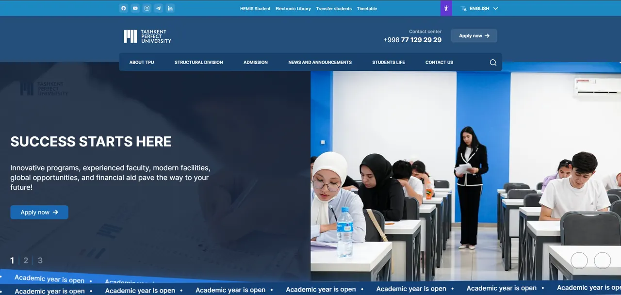 Tashkent Perfect University saytining bosh sahifasi