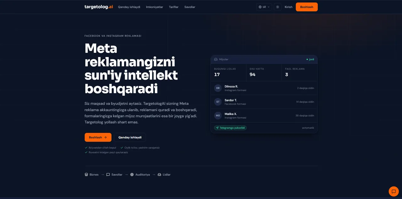 Targetolog AI landing page: an AI that runs your Meta ads, with a live feed of incoming leads