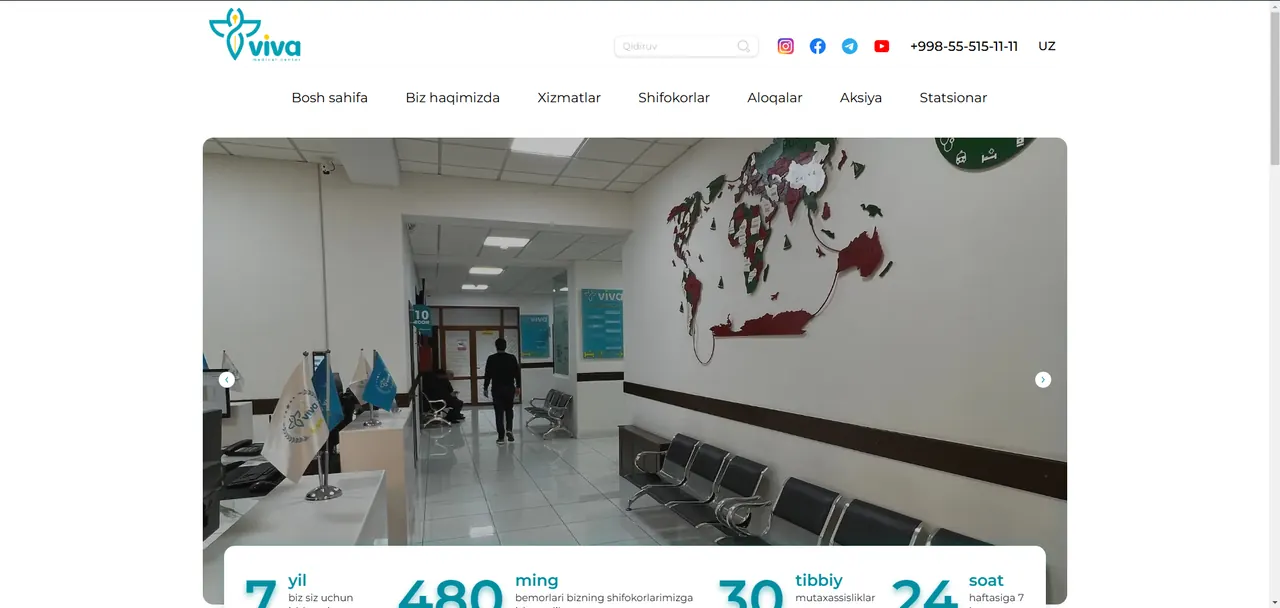 VIVA Med tibbiyot markazi saytining bosh sahifasi